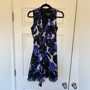 Trulli Dress purple black and white rose print ruffle neck dress